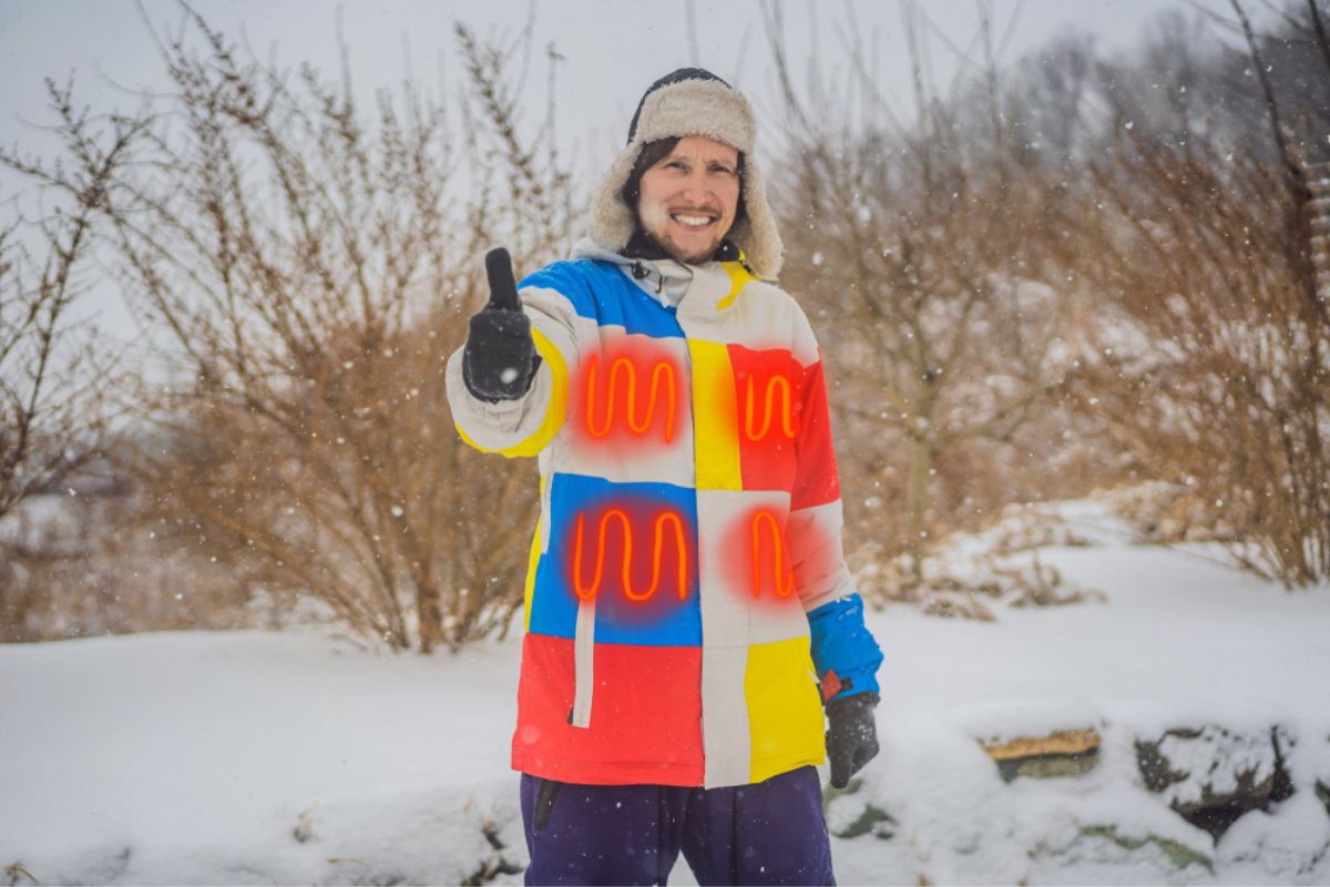 A man in a heated winter jacket. Under the jacket heating elements.
