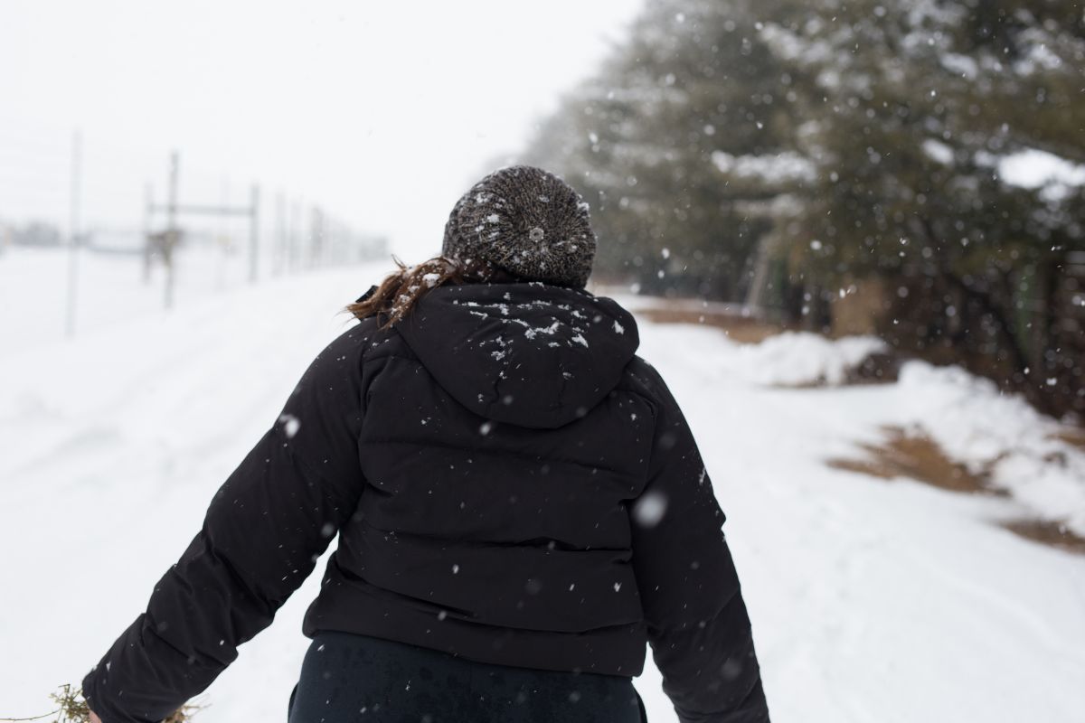 Back view of person in black puffer jacket on snow.