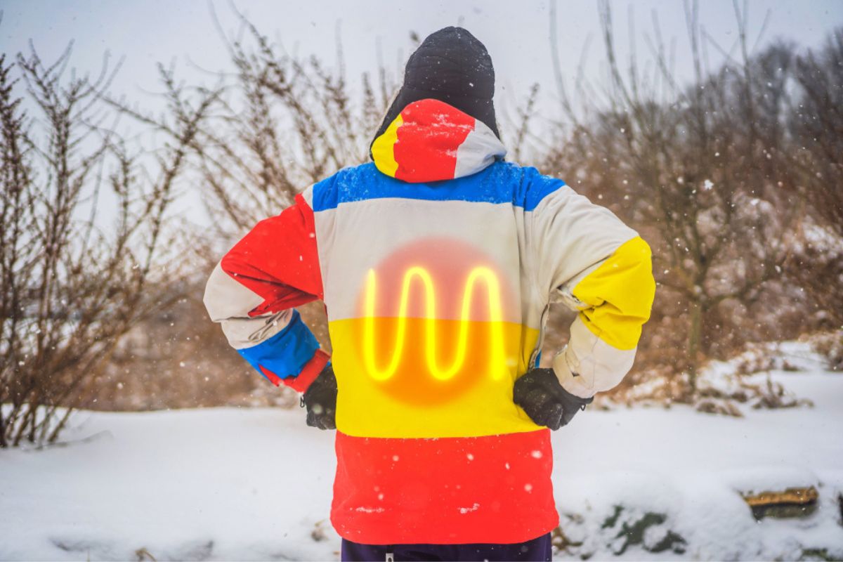 A man in a heated winter jacket. Under the jacket heating elements.